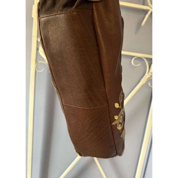 Anthropologie Brown Leather Bag With Gold Rose Embroidered Fairy Princess - Picture 6 of 10